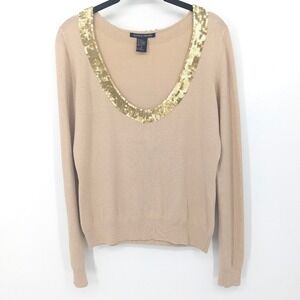 Boston Proper Sweater Womens Small Tan Sequin Silk Cashmere Blend Quiet Luxury‎
